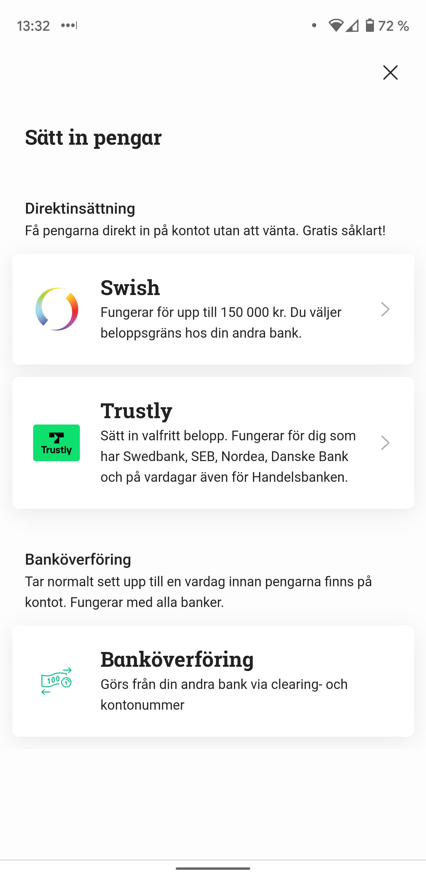 Sätta in pengar på aktiekonto med Swish eller Trustly på Avanza