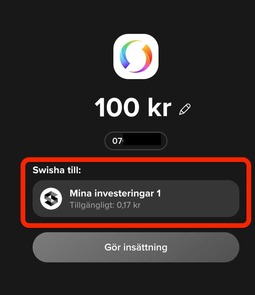 Välj konto och belopp du vill sätta in på SAVR med Swish