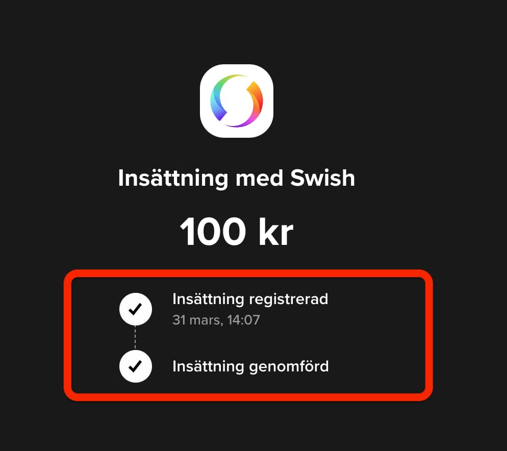 Insättning registrerad via swish till savr